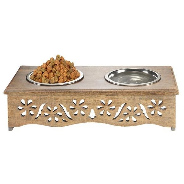 Lr Resources LR Resources PETMS20007MLT1905 Handmade Mango Wood Elevated Double Pet Feeder with Floral Cutouts - Rectangle PETMS20007MLT1905